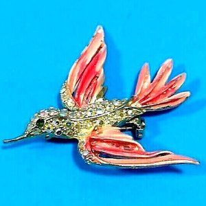 Hummingbird Brooch Orange Multi Color Rhinestones Green Eyes SilverTone Back Pin
